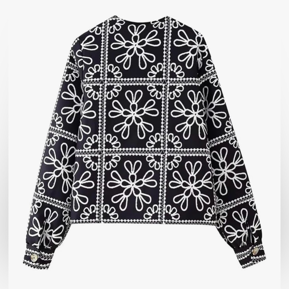 Black & White Embroidered Floral Open Front Jacket | Boho Chic Cardigan - Picture 4 of 11